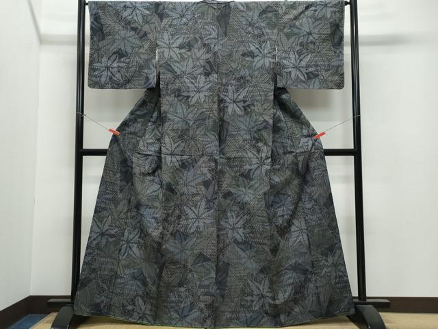 平和屋着物●上質な紬 切嵌亀甲麻の葉文 正絹 逸品 未使用 CAAV6508vf
