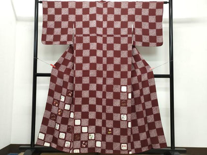 平和屋着物●訪問着　総刺繍　市松草花文　金糸　鬼しぼ縮緬　正絹　逸品　CAAV6609vf