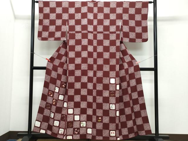 平和屋着物●訪問着　総刺繍　市松草花文　金糸　鬼しぼ縮緬　正絹　逸品　CAAV6609vf