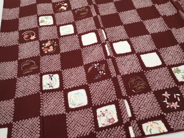 平和屋着物●訪問着　総刺繍　市松草花文　金糸　鬼しぼ縮緬　正絹　逸品　CAAV6609vf
