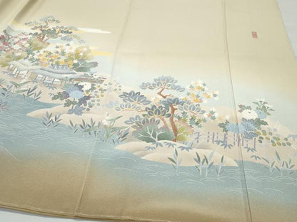 平和屋着物●十日町友禅作家 岡村蒼風 色留袖 風景草木文 正絹 逸品 CAAV6636vf