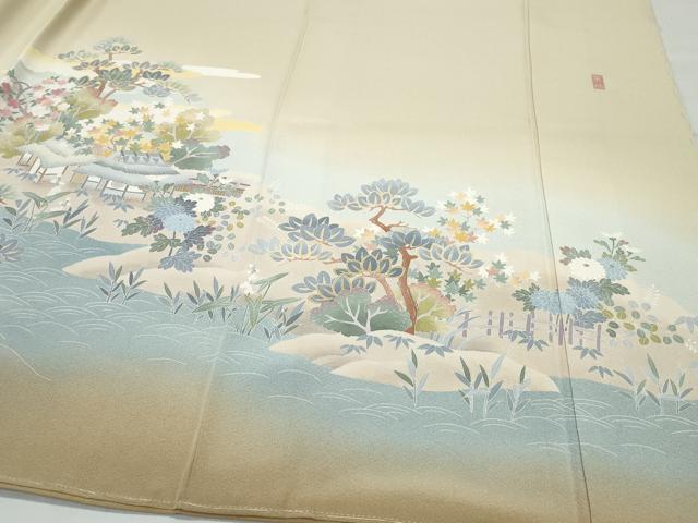 平和屋着物●十日町友禅作家 岡村蒼風 色留袖 風景草木文 正絹 逸品 CAAV6636vf
