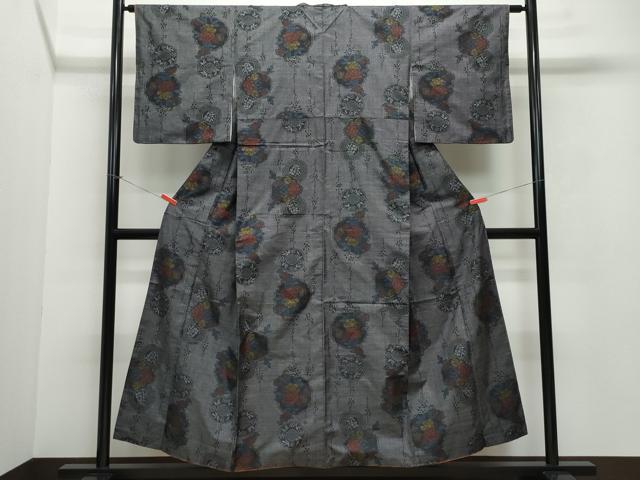 平和屋着物●本場大島紬　7マルキ　絵皿草花文　正絹　逸品　CAAV6660vf