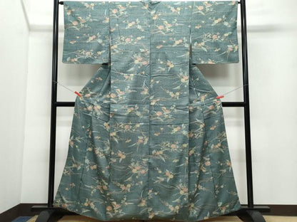 平和屋着物●上質な小紋　生紬　型染め　立波枝花文　正絹　逸品　CAAV6745vf