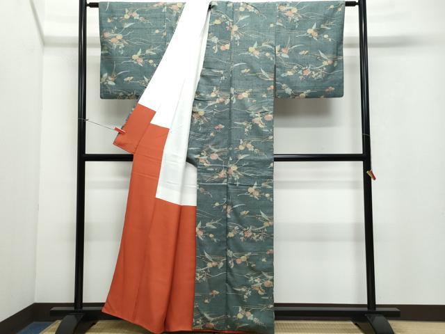 平和屋着物●上質な小紋　生紬　型染め　立波枝花文　正絹　逸品　CAAV6745vf