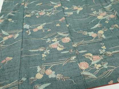 平和屋着物●上質な小紋　生紬　型染め　立波枝花文　正絹　逸品　CAAV6745vf