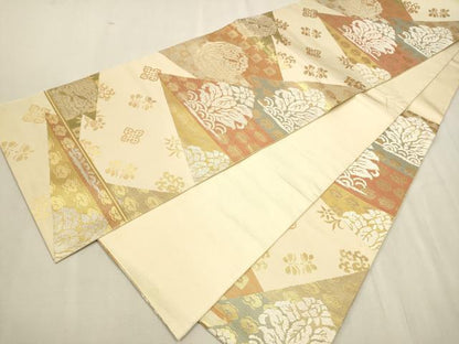 平和屋着物●六通柄 本袋帯 切嵌草花文 金糸 正絹 逸品 CAAV6815hy