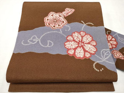 平和屋着物●九寸名古屋帯 花唐草文 鬼しぼ縮緬 正絹 逸品 CAAV7003hy