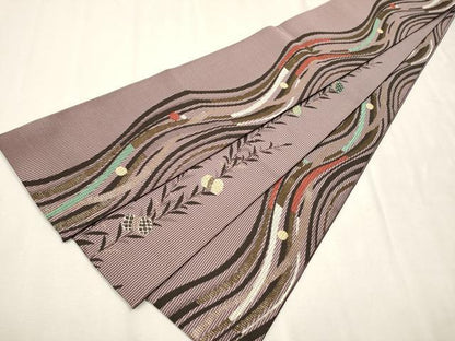 平和屋着物●両面　半幅帯　よろけ縞　金糸　正絹　逸品　CAAV7029hy