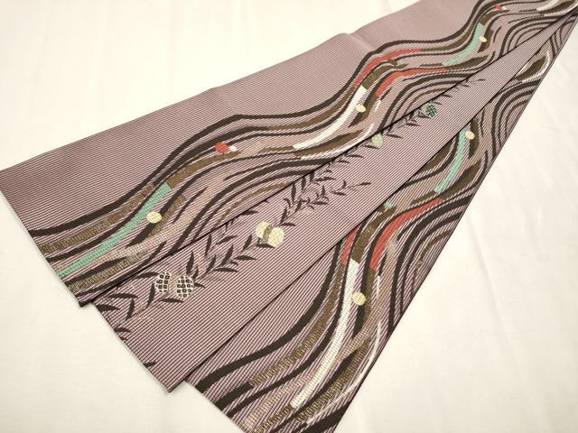 平和屋着物●両面　半幅帯　よろけ縞　金糸　正絹　逸品　CAAV7029hy