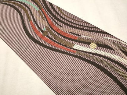 平和屋着物●両面　半幅帯　よろけ縞　金糸　正絹　逸品　CAAV7029hy