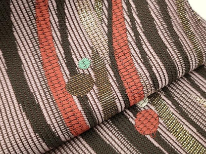 平和屋着物●両面　半幅帯　よろけ縞　金糸　正絹　逸品　CAAV7029hy