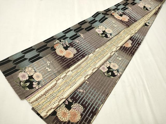 平和屋着物●両面　半幅帯　唐織　兎　菊文　りぼん織　銀糸　正絹　逸品　CAAV7091hy