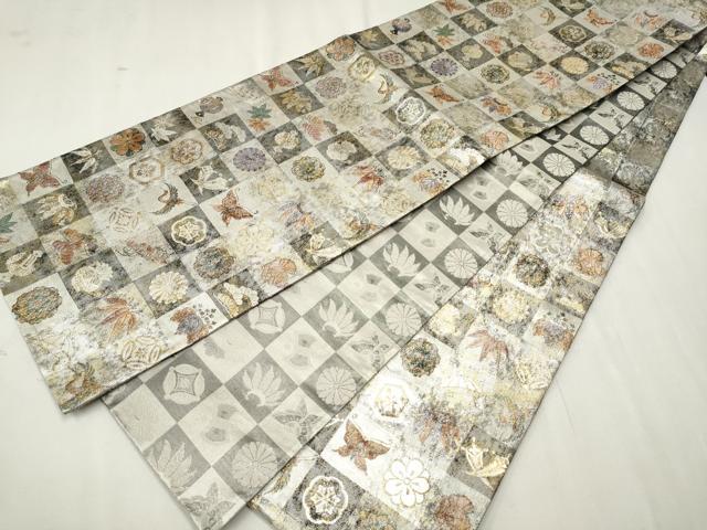 平和屋着物●両面 六通柄袋帯 市松鳳凰花蝶文 金銀糸 引箔 正絹 逸品 CAAV7118hy
