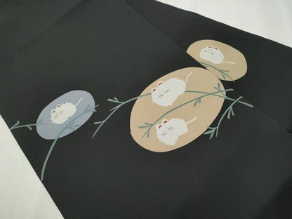 平和屋着物●塩瀬　九寸名古屋帯　猫　黒地　正絹　逸品　CAAV7141hy