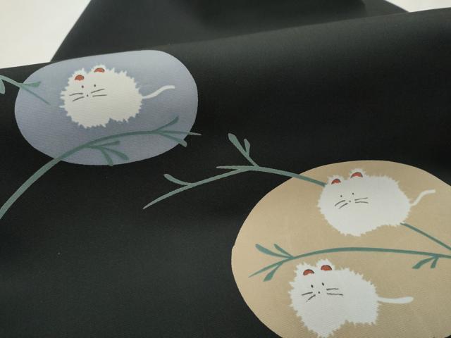 平和屋着物●塩瀬　九寸名古屋帯　猫　黒地　正絹　逸品　CAAV7141hy