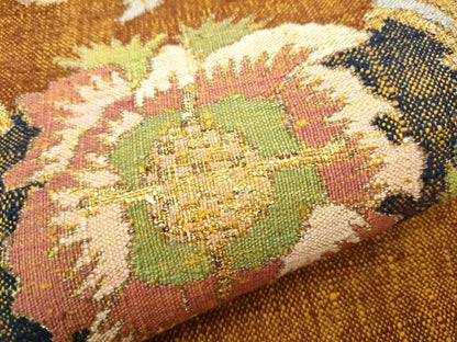平和屋着物●八寸名古屋帯　ぜんまい紬　更紗花文　金糸　証紙付き　正絹　逸品　CAAV7169hy