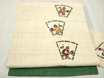 平和屋着物●九寸名古屋帯　生紬　型染め　地紙草花文　正絹　逸品　CAAV7186hy