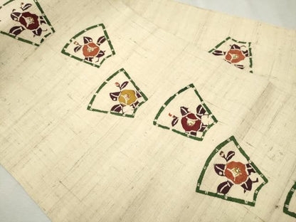 平和屋着物●九寸名古屋帯　生紬　型染め　地紙草花文　正絹　逸品　CAAV7186hy