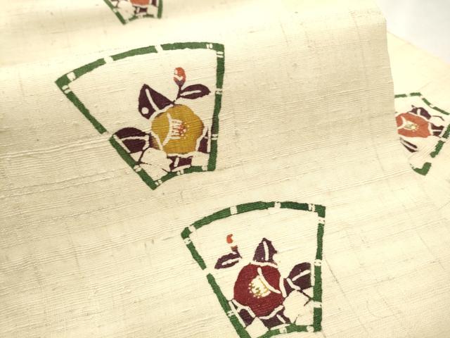 平和屋着物●九寸名古屋帯　生紬　型染め　地紙草花文　正絹　逸品　CAAV7186hy