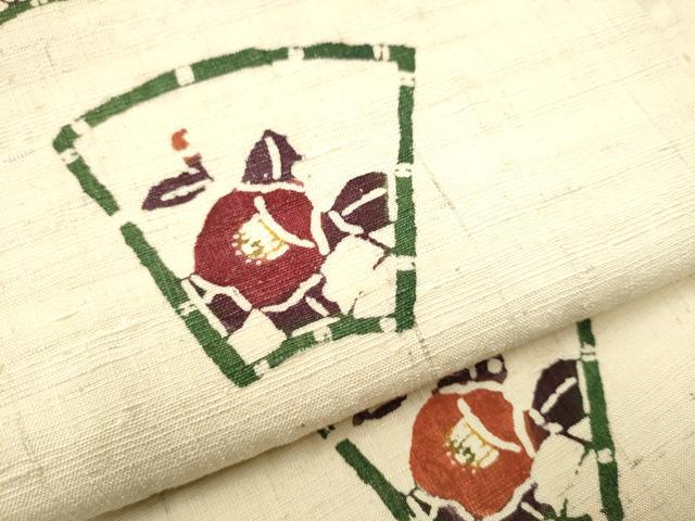 平和屋着物●九寸名古屋帯　生紬　型染め　地紙草花文　正絹　逸品　CAAV7186hy