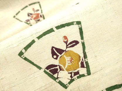 平和屋着物●九寸名古屋帯　生紬　型染め　地紙草花文　正絹　逸品　CAAV7186hy