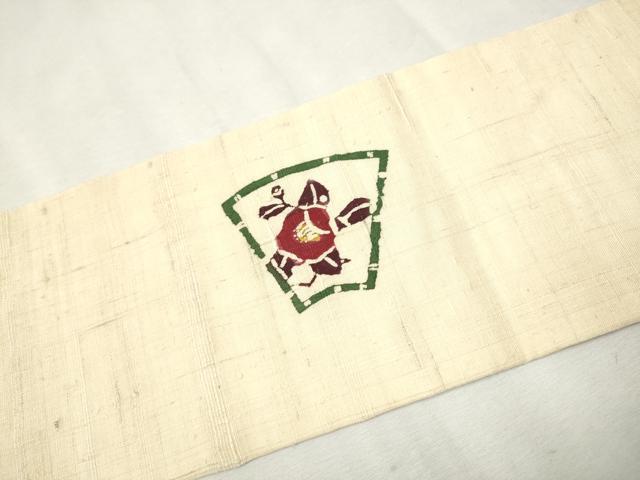 平和屋着物●九寸名古屋帯　生紬　型染め　地紙草花文　正絹　逸品　CAAV7186hy