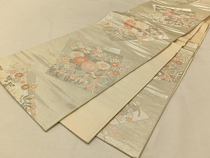 平和屋着物◎六通柄袋帯　唐織　色紙花鳥文　銀糸　正絹　逸品　CAAV7211qv