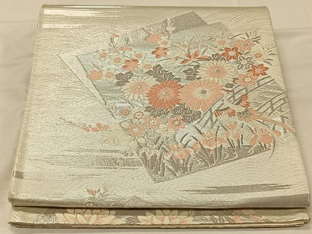 平和屋着物◎六通柄袋帯　唐織　色紙花鳥文　銀糸　正絹　逸品　CAAV7211qv