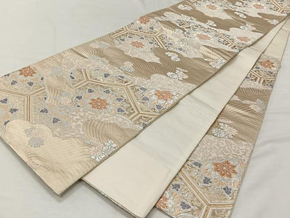 平和屋着物◎六通柄袋帯　唐織　綾織錦　雲取り吉祥花文　正絹　逸品　CAAV7233qv