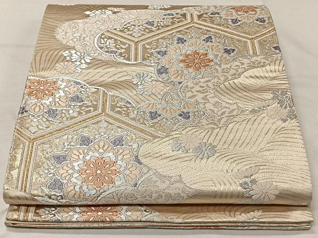 平和屋着物◎六通柄袋帯　唐織　綾織錦　雲取り吉祥花文　正絹　逸品　CAAV7233qv