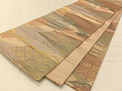 平和屋着物◎六通柄袋帯 地紙重ね花鳥文 金糸 正絹 逸品 CAAV7261qv