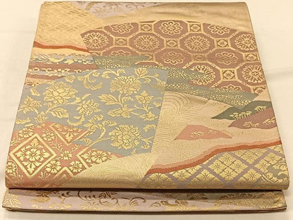 平和屋着物◎六通柄袋帯 地紙重ね花鳥文 金糸 正絹 逸品 CAAV7261qv