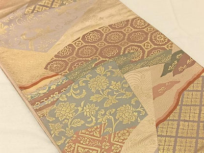 平和屋着物◎六通柄袋帯 地紙重ね花鳥文 金糸 正絹 逸品 CAAV7261qv