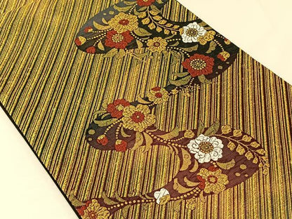 平和屋着物◎六通柄袋帯　流水花文　金糸　正絹　逸品　CAAV7278qv