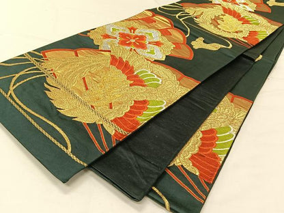 平和屋着物◎六通柄袋帯 鳳凰花文 黒地 金銀糸 正絹 逸品 CAAV7280qv