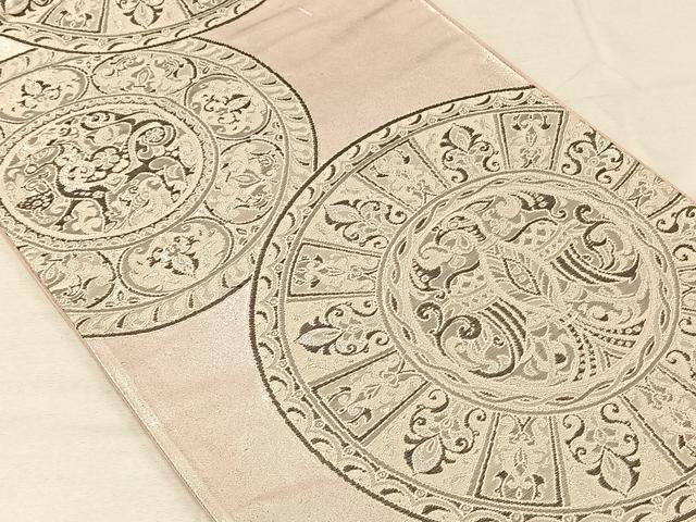 平和屋着物◎六通柄袋帯　絵皿花鳥文　銀糸　正絹　逸品　CAAV7301qv