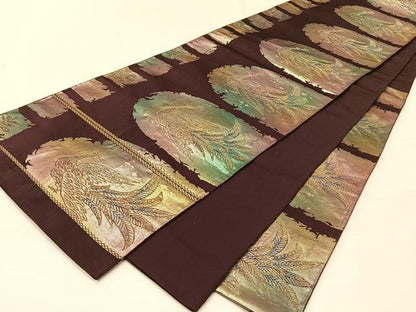 平和屋着物◎六通柄袋帯 孔雀文 金糸 正絹 逸品 CAAV7313qv
