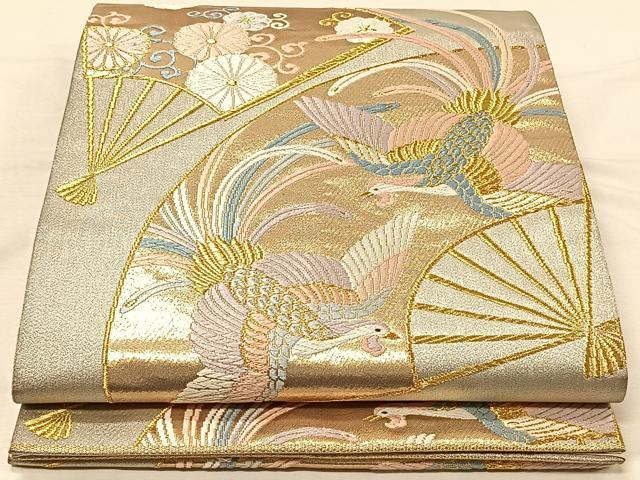 平和屋着物◎六通柄袋帯 唐織 扇面鳳凰花文 金糸 正絹 逸品 CAAV7320qv