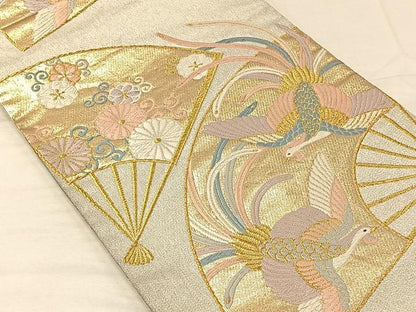 平和屋着物◎六通柄袋帯 唐織 扇面鳳凰花文 金糸 正絹 逸品 CAAV7320qv