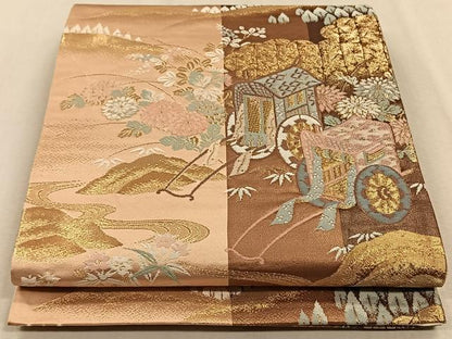 平和屋着物◎六通柄袋帯 更級錦 御所車花文 金糸 正絹 逸品 CAAV7566qv