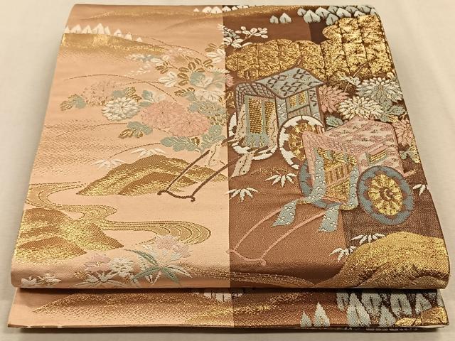 平和屋着物◎六通柄袋帯 更級錦 御所車花文 金糸 正絹 逸品 CAAV7566qv