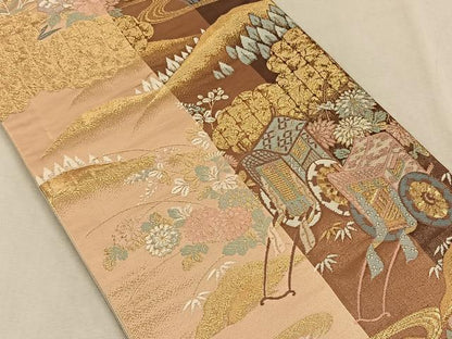 平和屋着物◎六通柄袋帯 更級錦 御所車花文 金糸 正絹 逸品 CAAV7566qv
