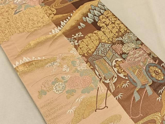 平和屋着物◎六通柄袋帯 更級錦 御所車花文 金糸 正絹 逸品 CAAV7566qv