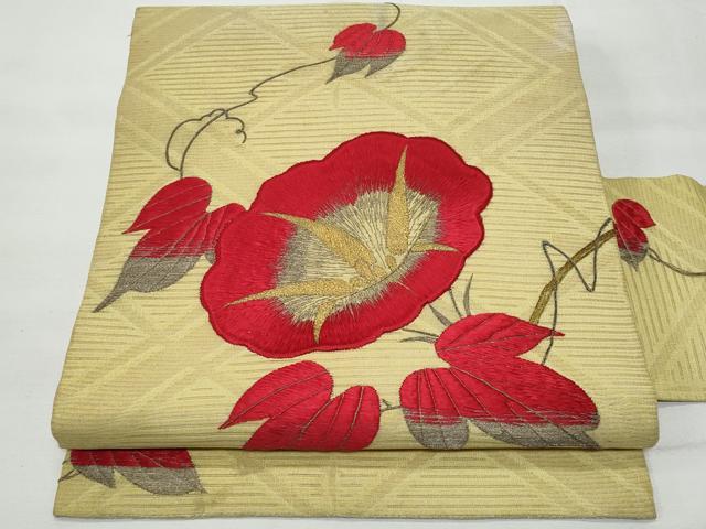 平和屋着物＊夏物 アンティーク 大正ロマン 九寸名古屋帯 総刺繍 駒刺繍 朝顔 金糸 正絹 逸品 CAAV7805fb