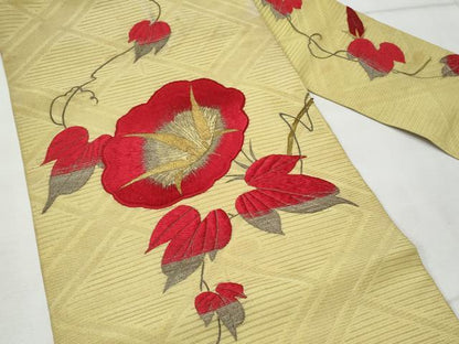 平和屋着物＊夏物 アンティーク 大正ロマン 九寸名古屋帯 総刺繍 駒刺繍 朝顔 金糸 正絹 逸品 CAAV7805fb
