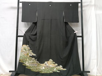 平和屋着物■豪華黒留袖　駒刺繍　風景花文　正絹　逸品　CAAV8184xe