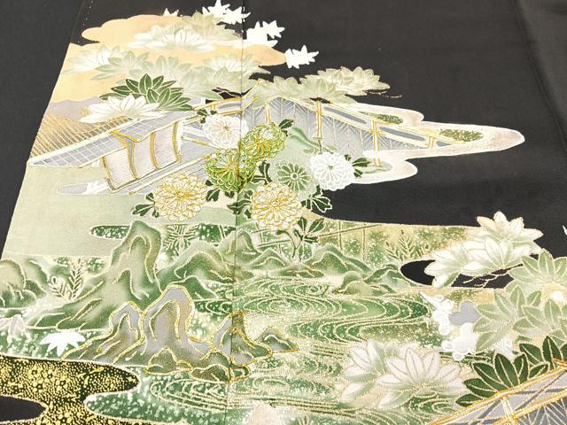 平和屋着物■豪華黒留袖　駒刺繍　風景花文　正絹　逸品　CAAV8184xe