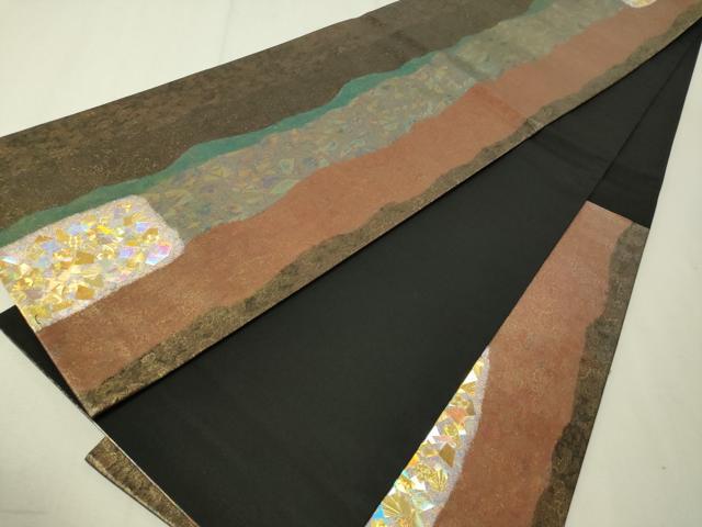 平和屋着物●金彩友禅作家 金彩の魔術師 堀省平 金煌織 六通柄袋帯 箔散らし 黒地 正絹 逸品 CAAV8568vp