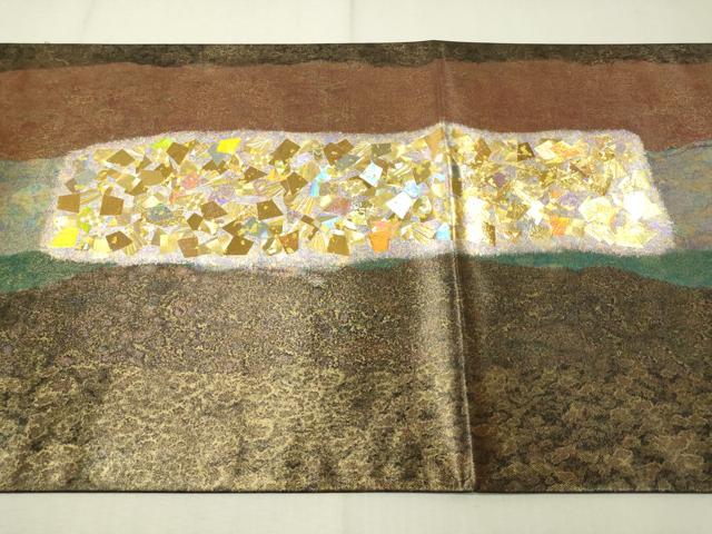 平和屋着物●金彩友禅作家 金彩の魔術師 堀省平 金煌織 六通柄袋帯 箔散らし 黒地 正絹 逸品 CAAV8568vp
